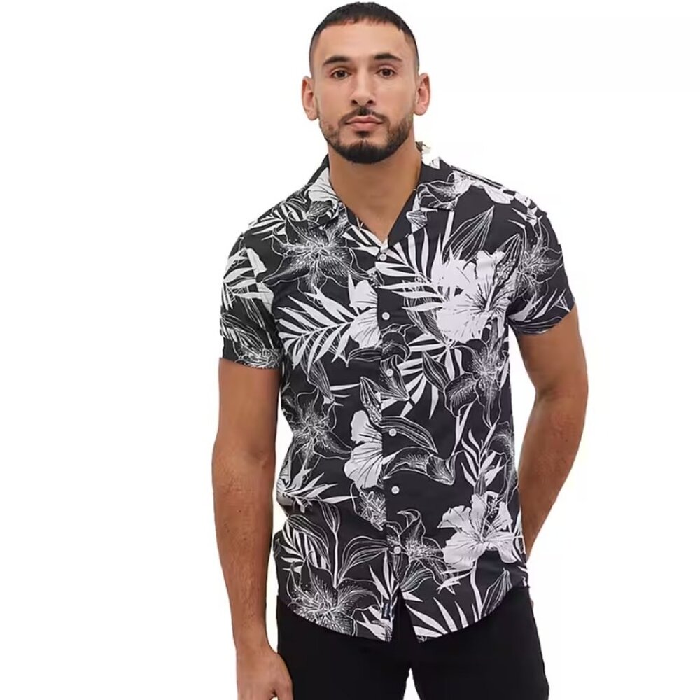 NEW Bench Dexus Short Sleeve Black White Floral Summer Shirt P3494
